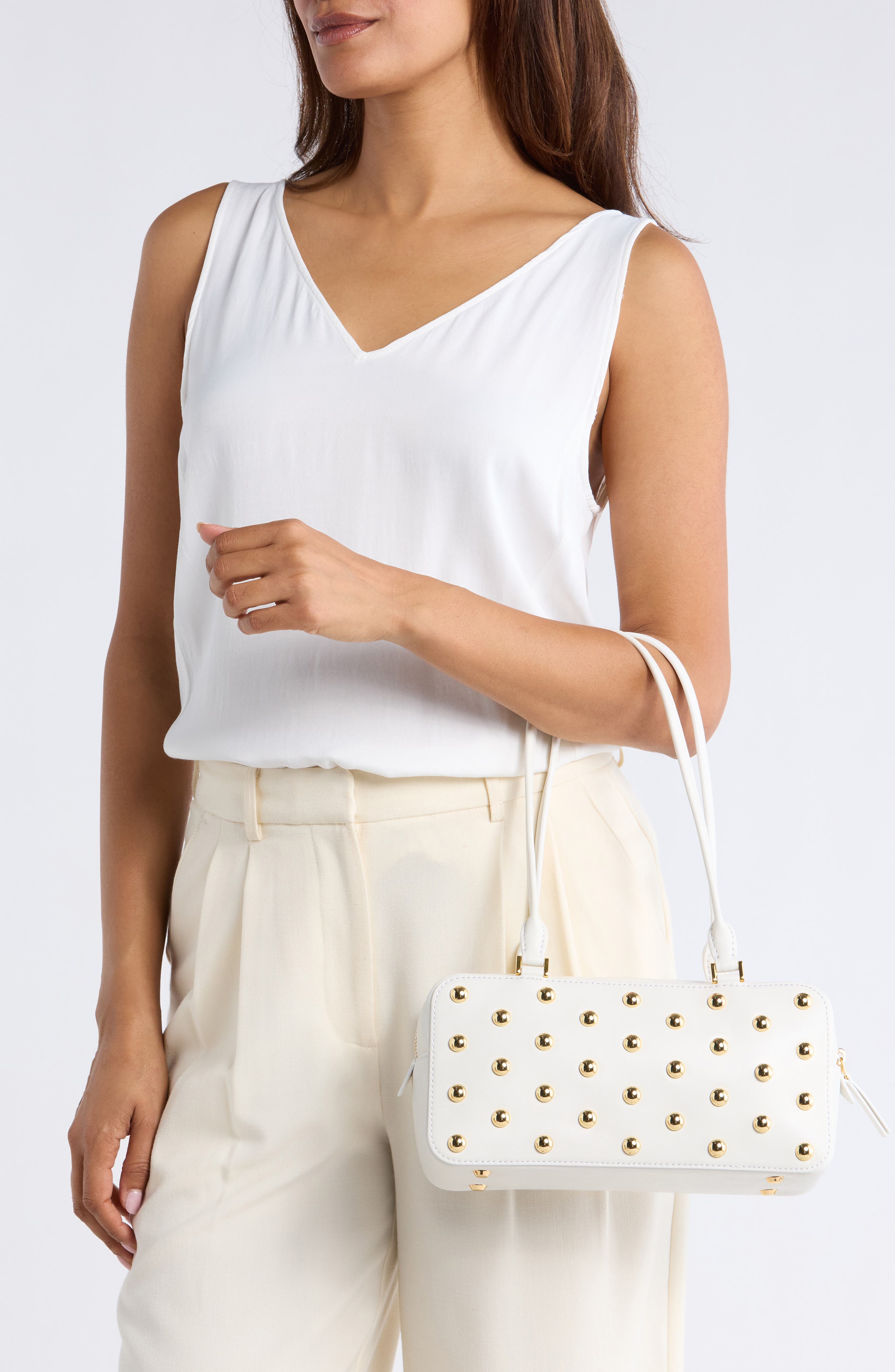 Veronica Beard Studded Boxy Leather Shoulder Bag, Alternate, color, Off White/ Gold