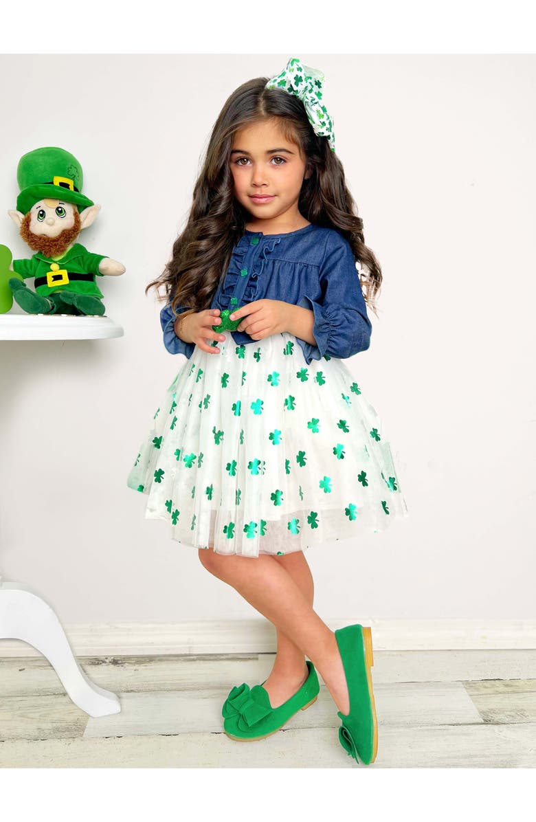 Mia Belle Girls Lucky Chambray Shimmer Clover Dress, Alternate, color, White