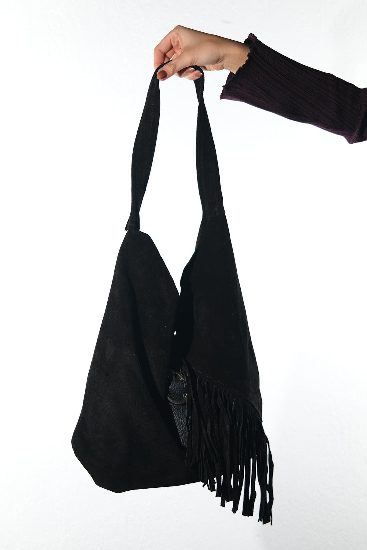 Forever & Always Shoes Noche Leather Tassel Shoulder Bag, Alternate, color, Black Suede