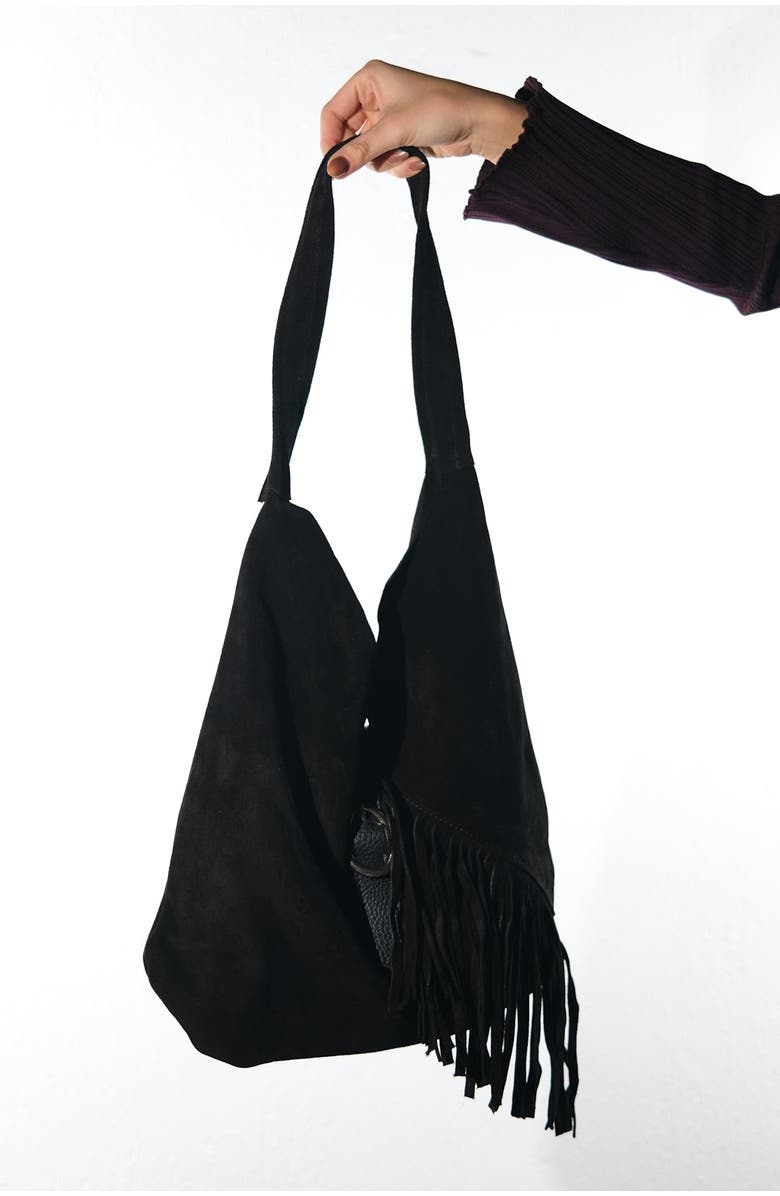Forever & Always Shoes Noche Leather Tassel Shoulder Bag, Alternate, color, Black Suede