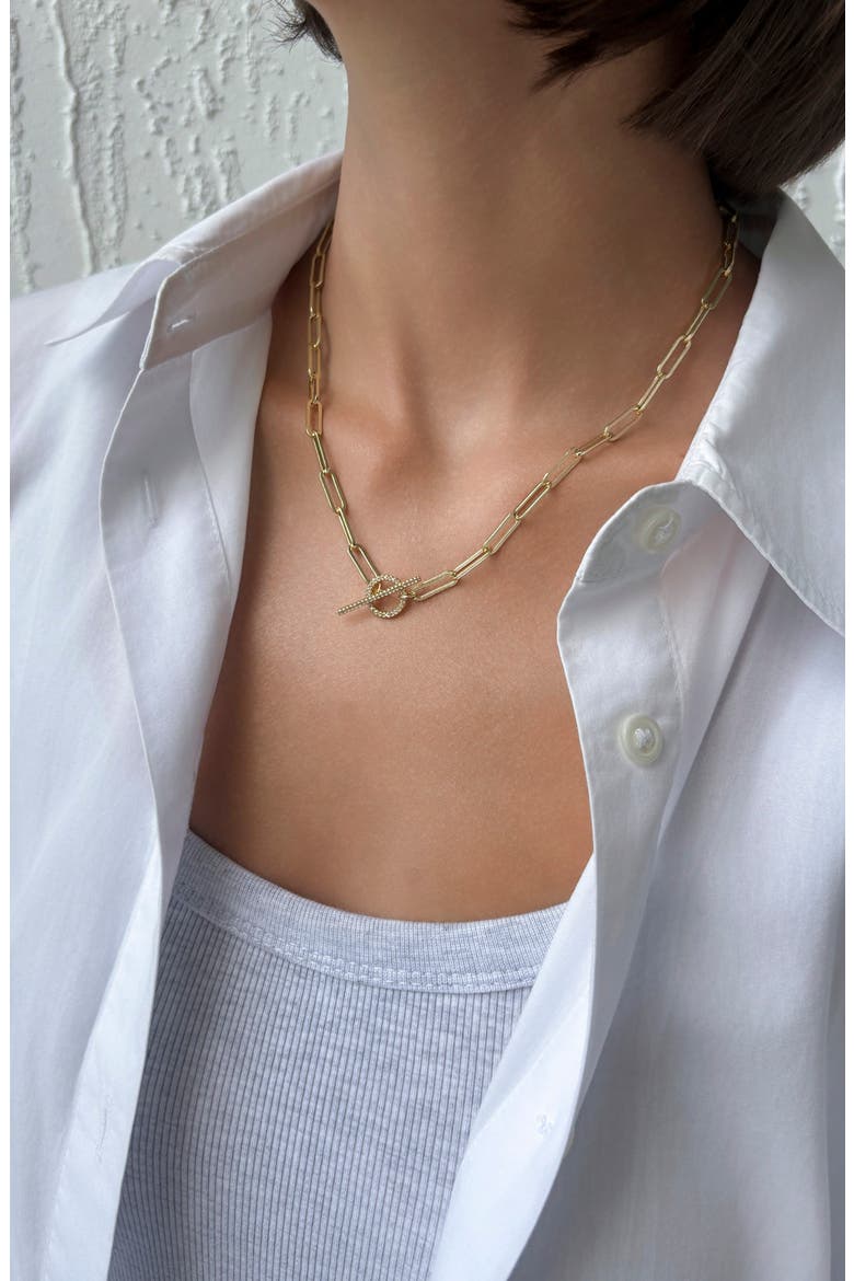 14k Gold Plated Cubic Zirconia Paperclip Necklace, Alternate, color, GOLD