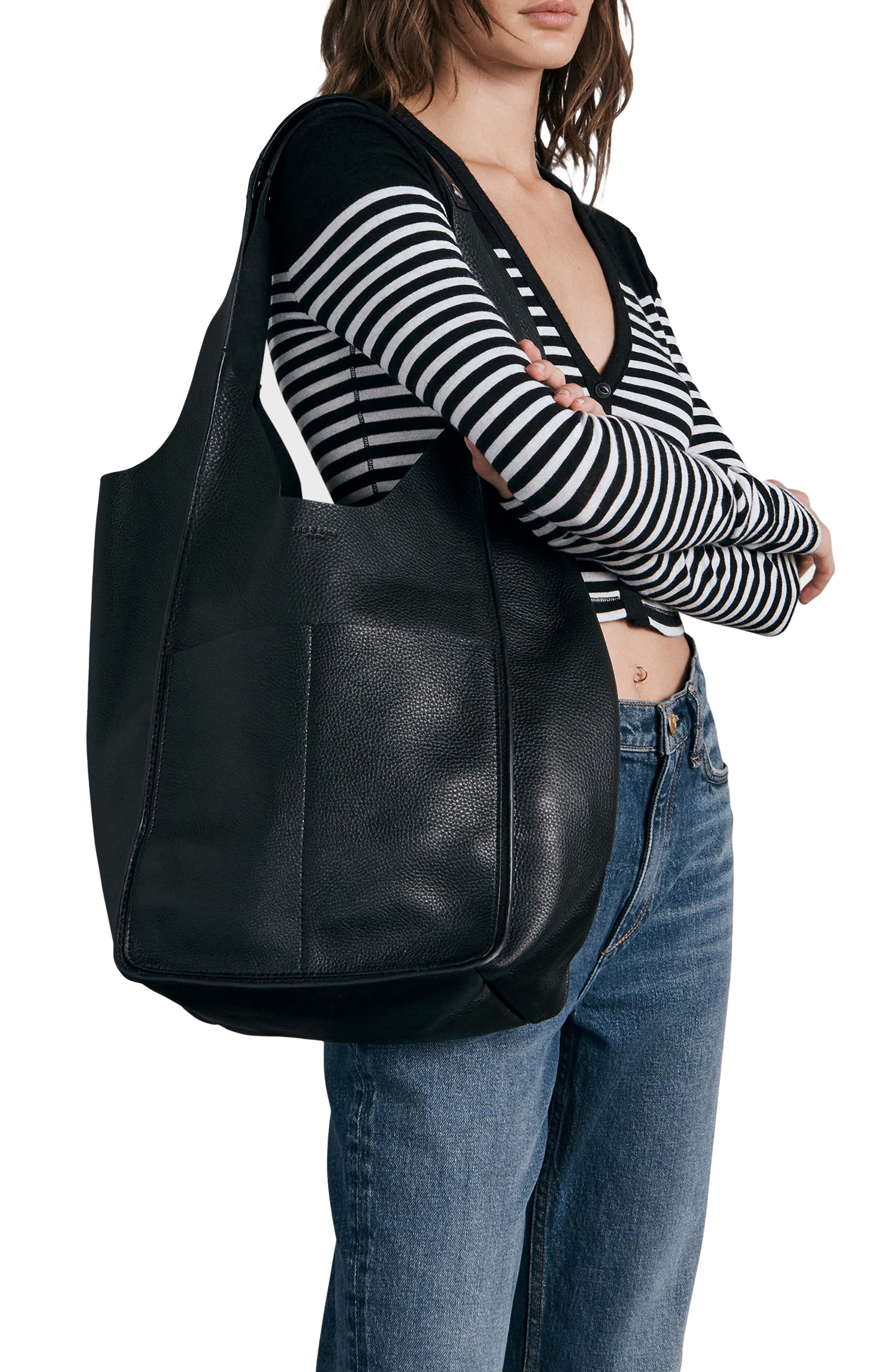 Logan Leather Shopper Shoulder Bag, Alternate, color, BLACK