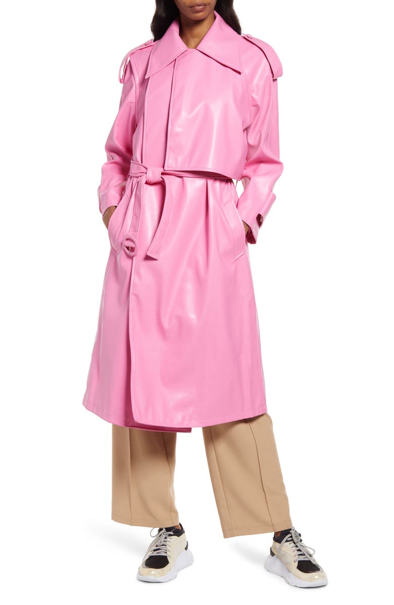 Amy Lynn Faux Leather Trench Coat, Main, color,