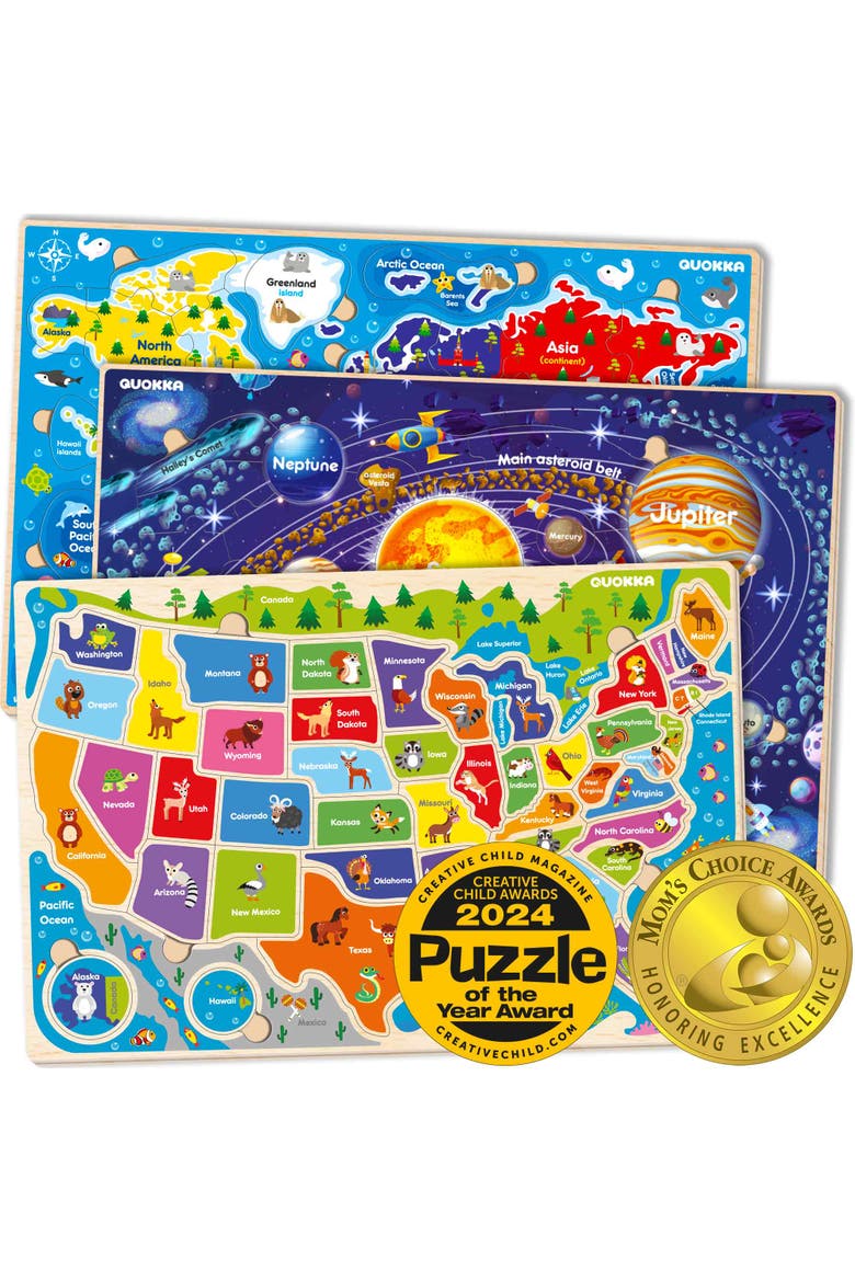 Kids Educational Map Puzzle Set - USA, World Map & Solar System Themes, Main, color, Wooden Map Set
