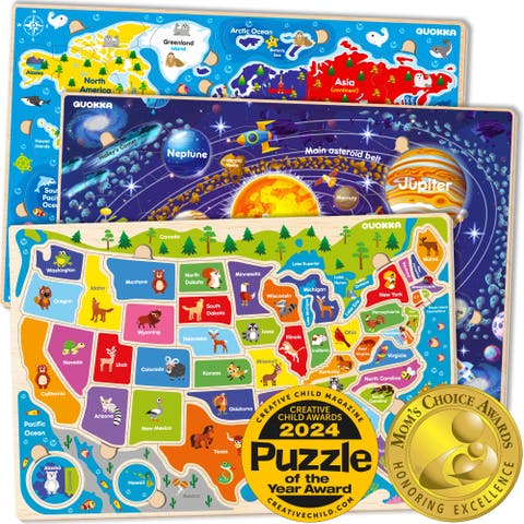 Kids Educational Map Puzzle Set - USA, World Map & Solar System Themes