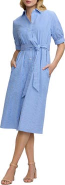 Foxcroft Esther Belted Stripe Cotton Shirtdress