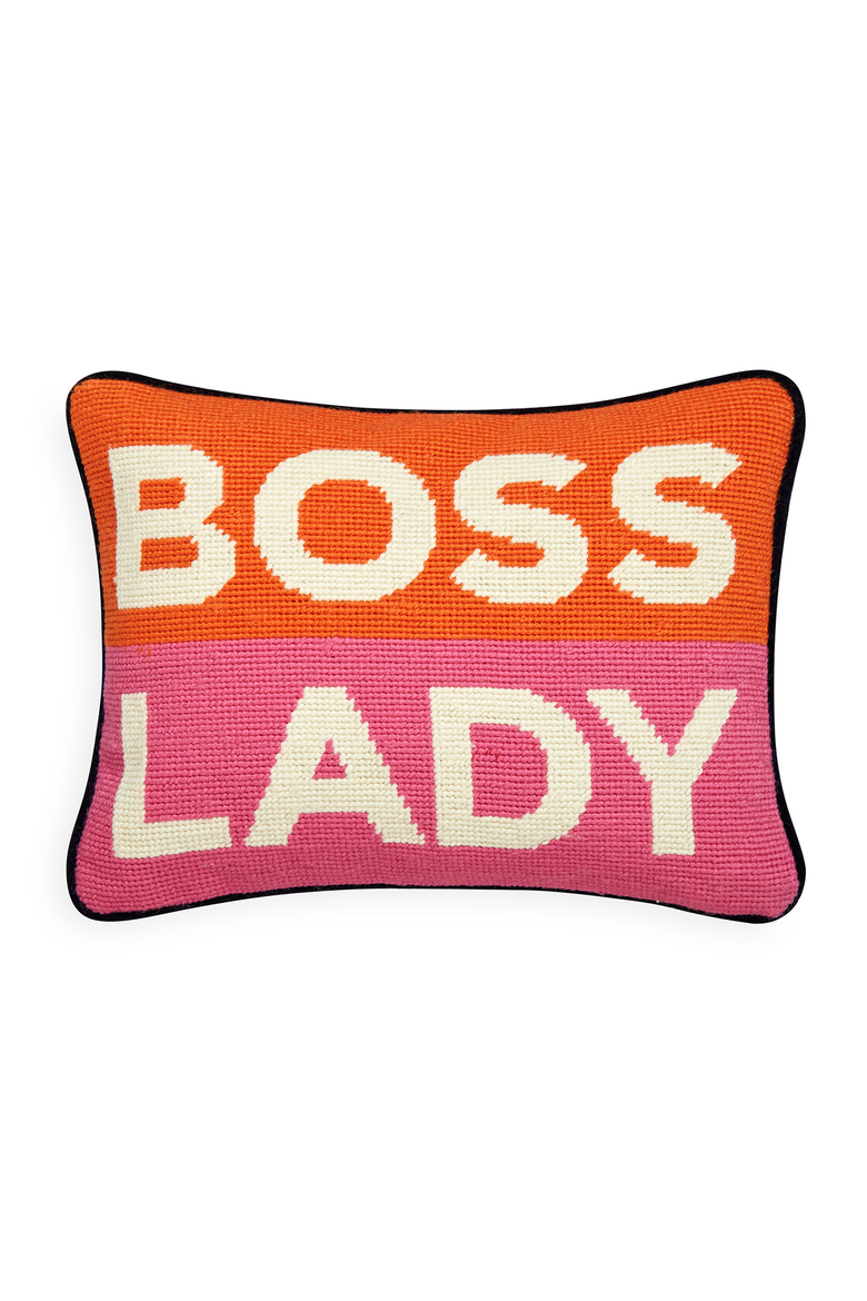 Boss Lady Needlepoint Pillow, Main, color, Orange / Pink