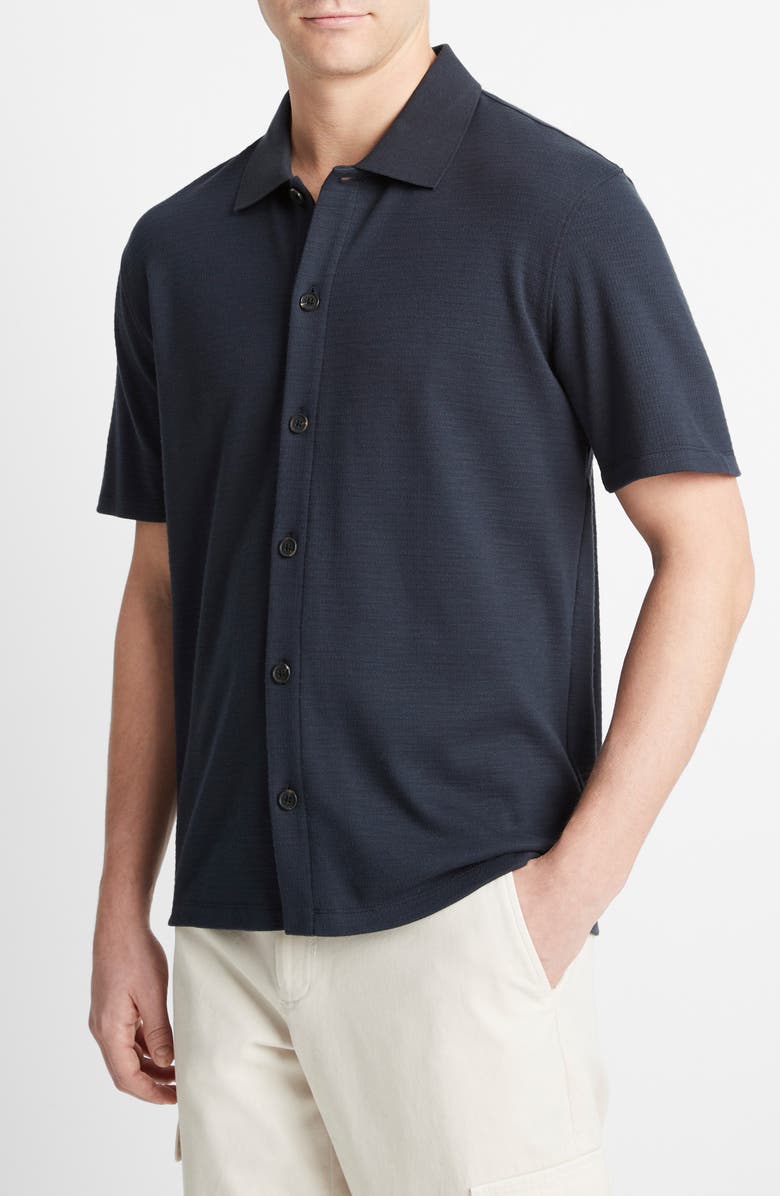 (取寄) ヴィンス メンズ ジャカード ニット ショート スリーブ ボタン フロント シャツ Vince men Jacquard Knit Short Sleeve Button Front Shirt Bone/ Sand Vince Variegated Jacquard Knit Short Sleeve Button-Up Shirt