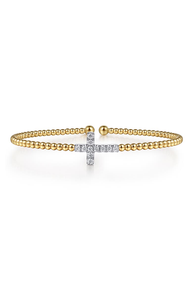 Diamond Cross Beaded Cuff Bracelet, Main, color, 14K YELLOW/ WHITE GOLD