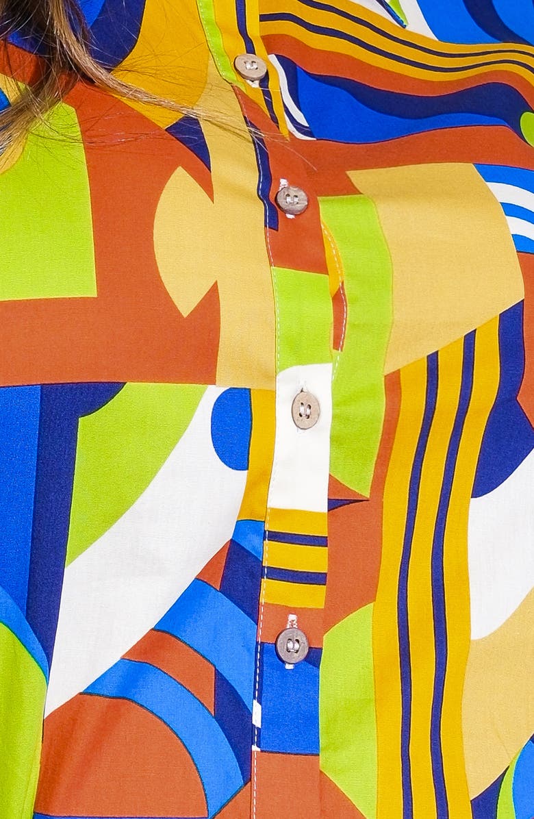 FLYING TOMATO Geometric Print Puff Sleeve Button-Up Shirt, Alternate, color, Blue Rust