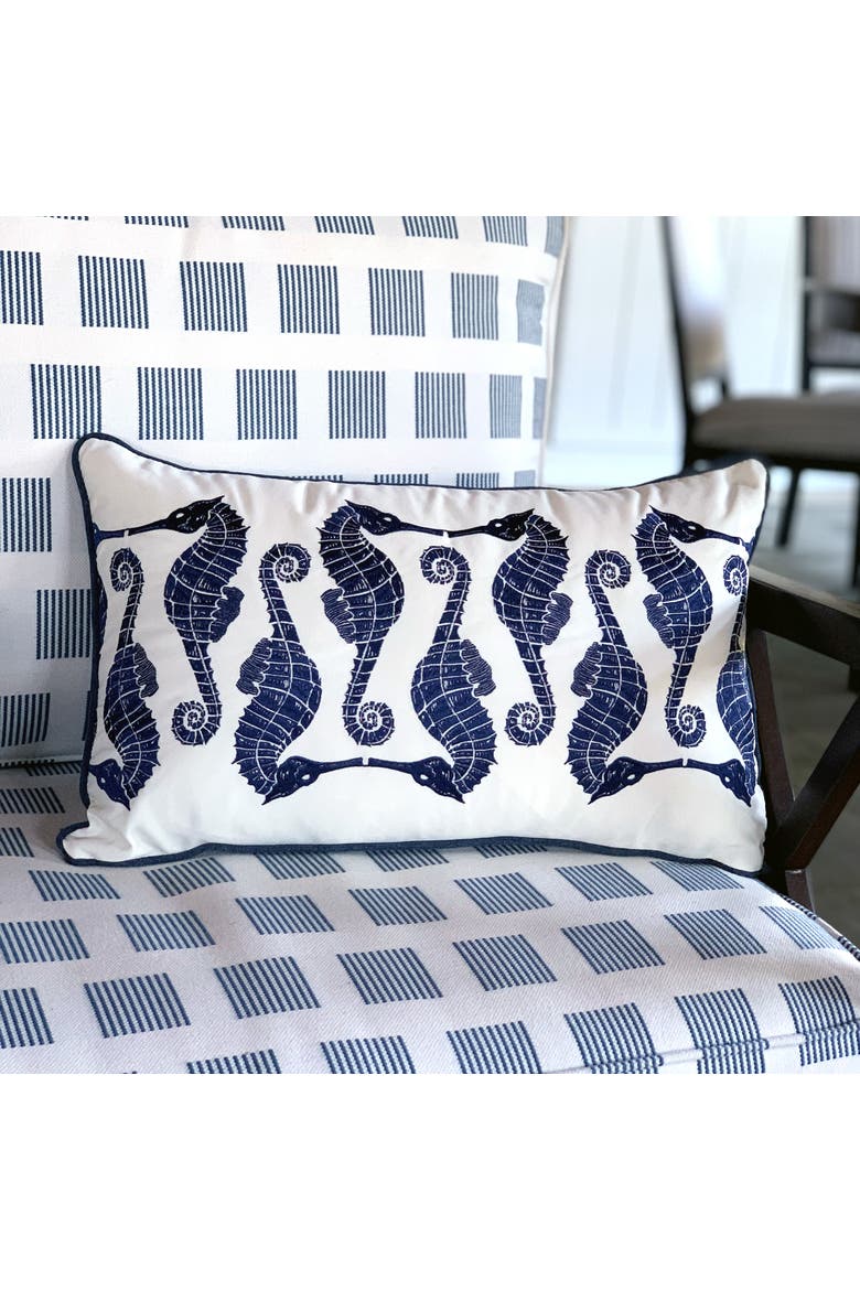 Indigo Series Seahorse Pattern Embroidered Indoor/Outdoor Accent Throw Pillow, Alternate, color, Blue