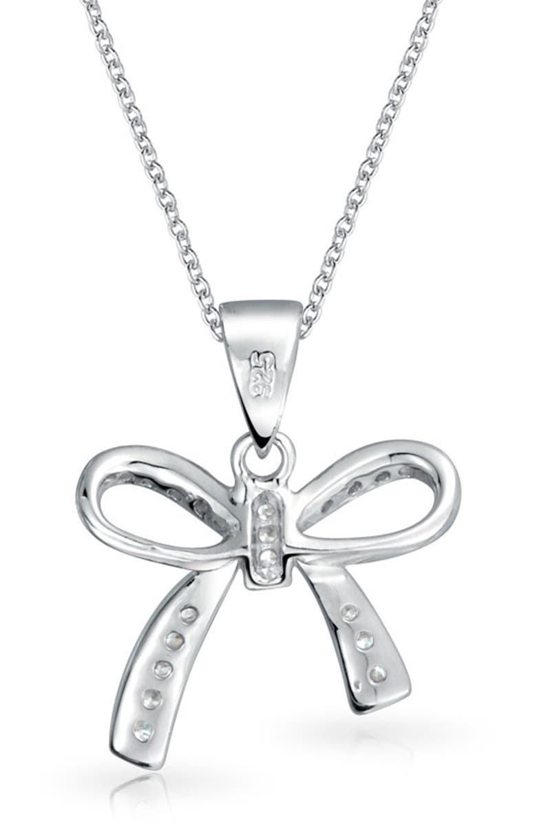 BLING JEWELRY Sterling Silver CZ Pave Bow Pendant Necklace, Alternate, color, Clear