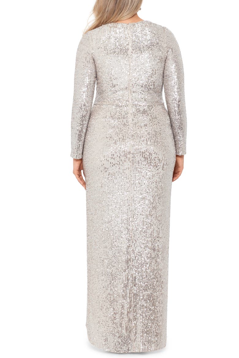 Xscape Long Sleeve Faux Wrap Sequin Gown, Alternate, color, NUDE/ SILVER