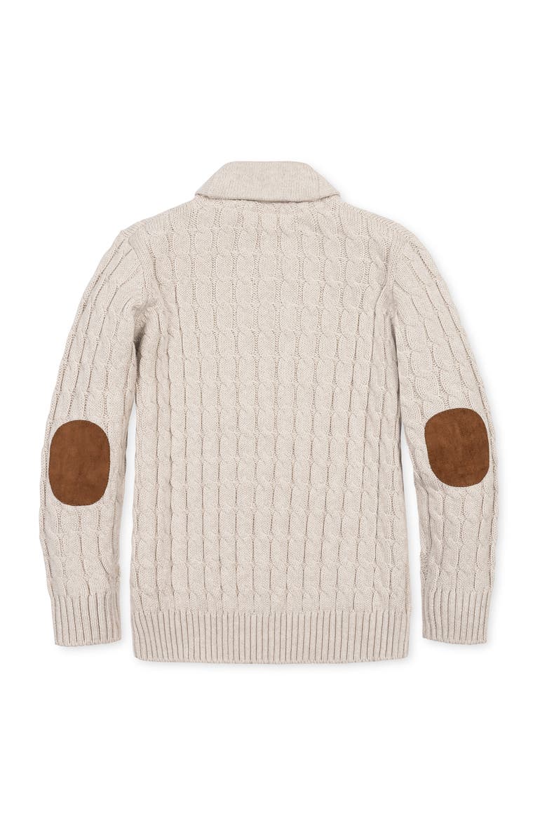 Kids' Organic Shawl Collar Cable Sweater with Elbow Patches, Alternate, color, Light Oatmeal Heather