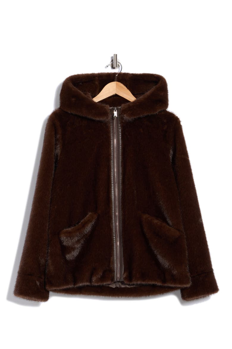 Hooded Faux Fur Bomber Jacket, Alternate, color, BROWN