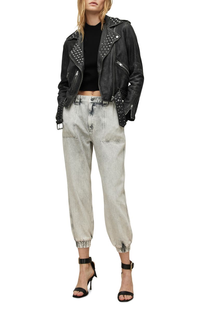 AllSaints Grommet Belted Sheepskin Leather Moto Jacket, Alternate, color,