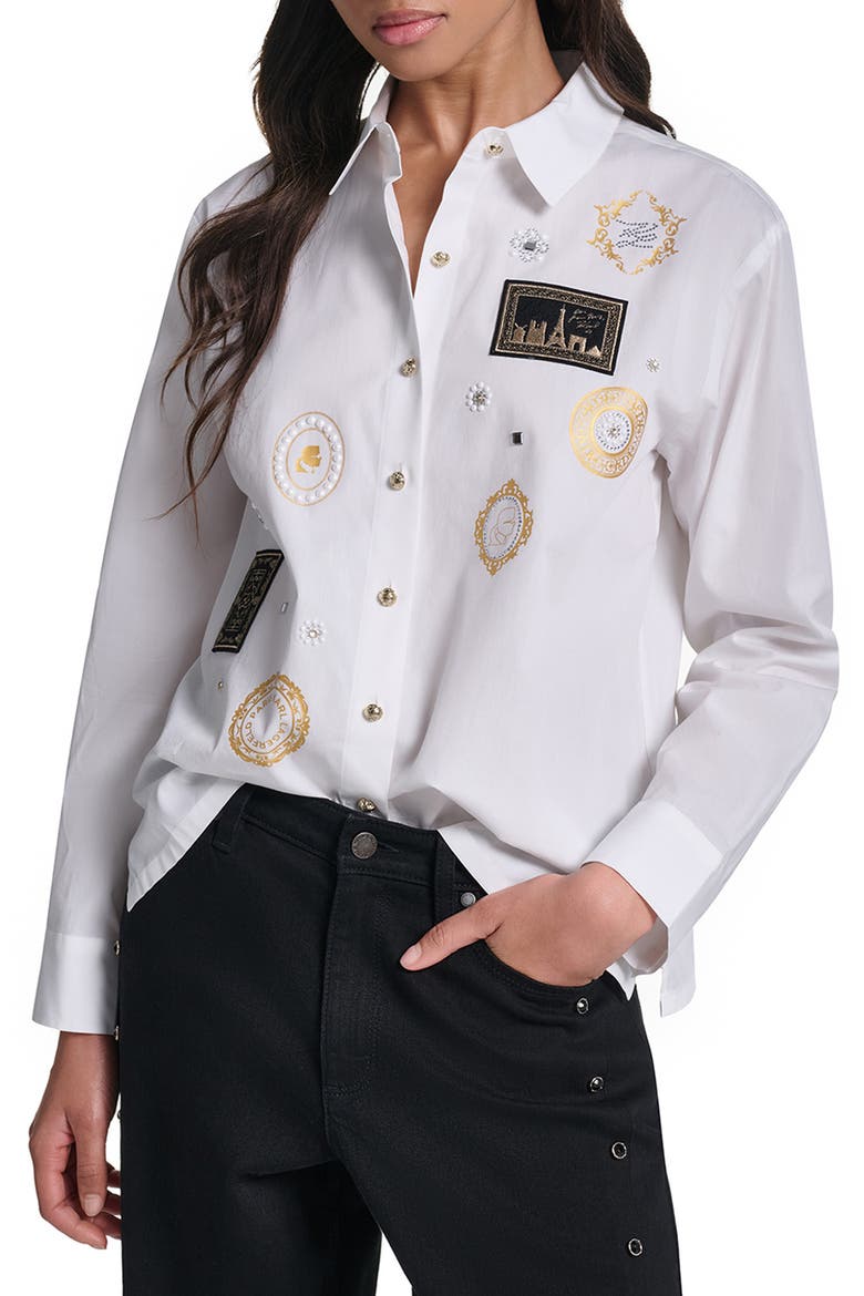 Embellished Patch Cotton Shirt, Main, color, WHITE