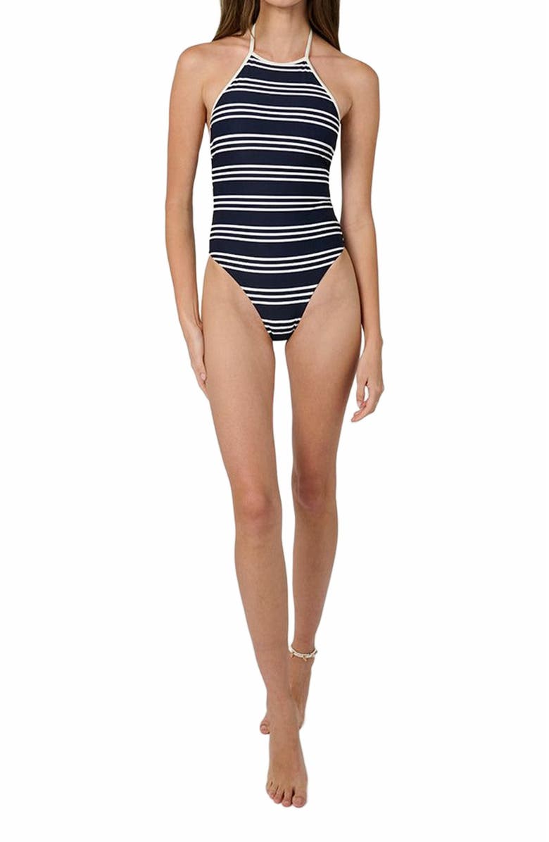 WeWoreWhat Halter One Piece, Alternate, color, Dk Navy/Offwh