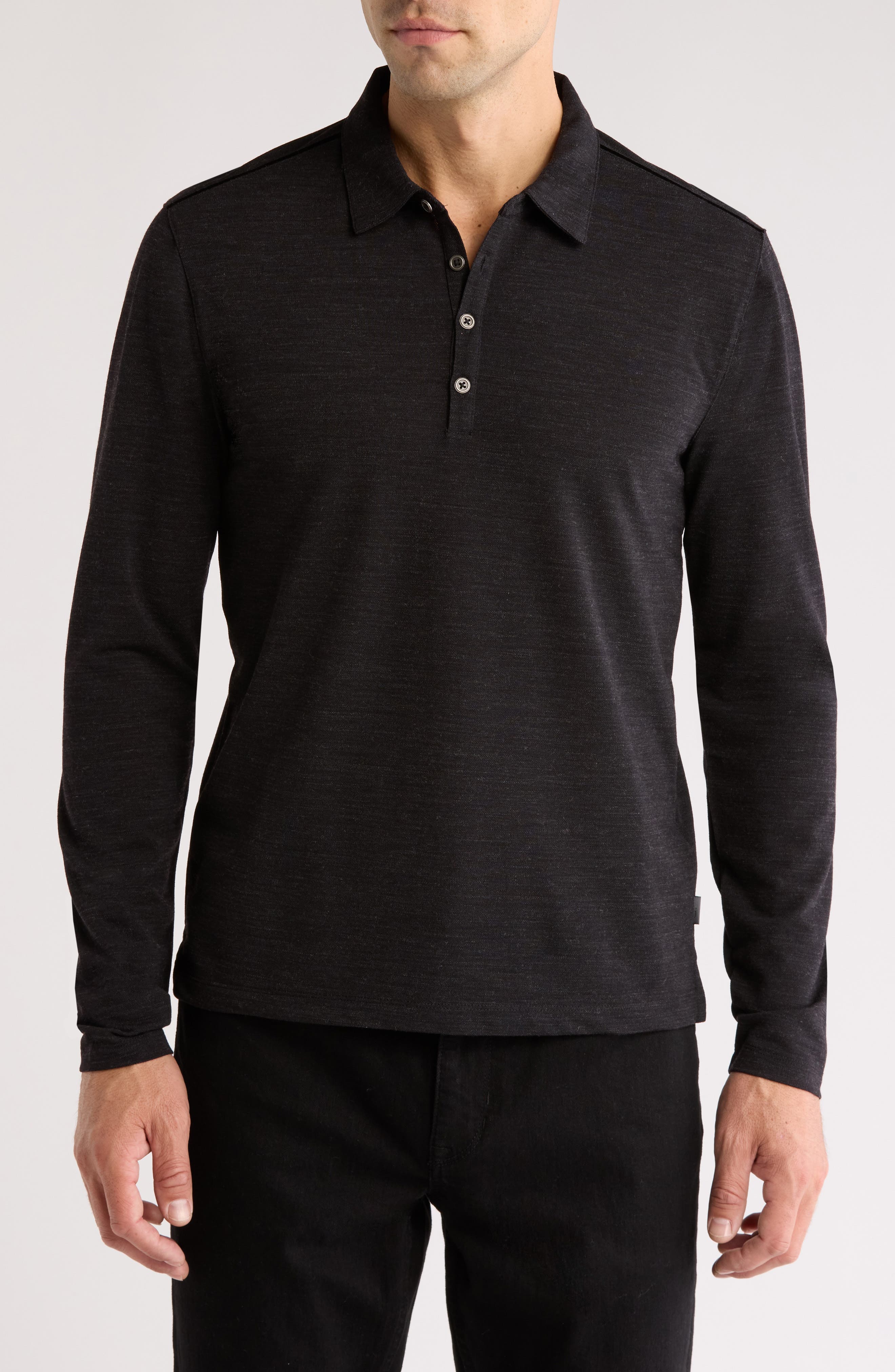 John Varvatos Maleo Regular Fit Long Sleeve Piqué Polo in Black 