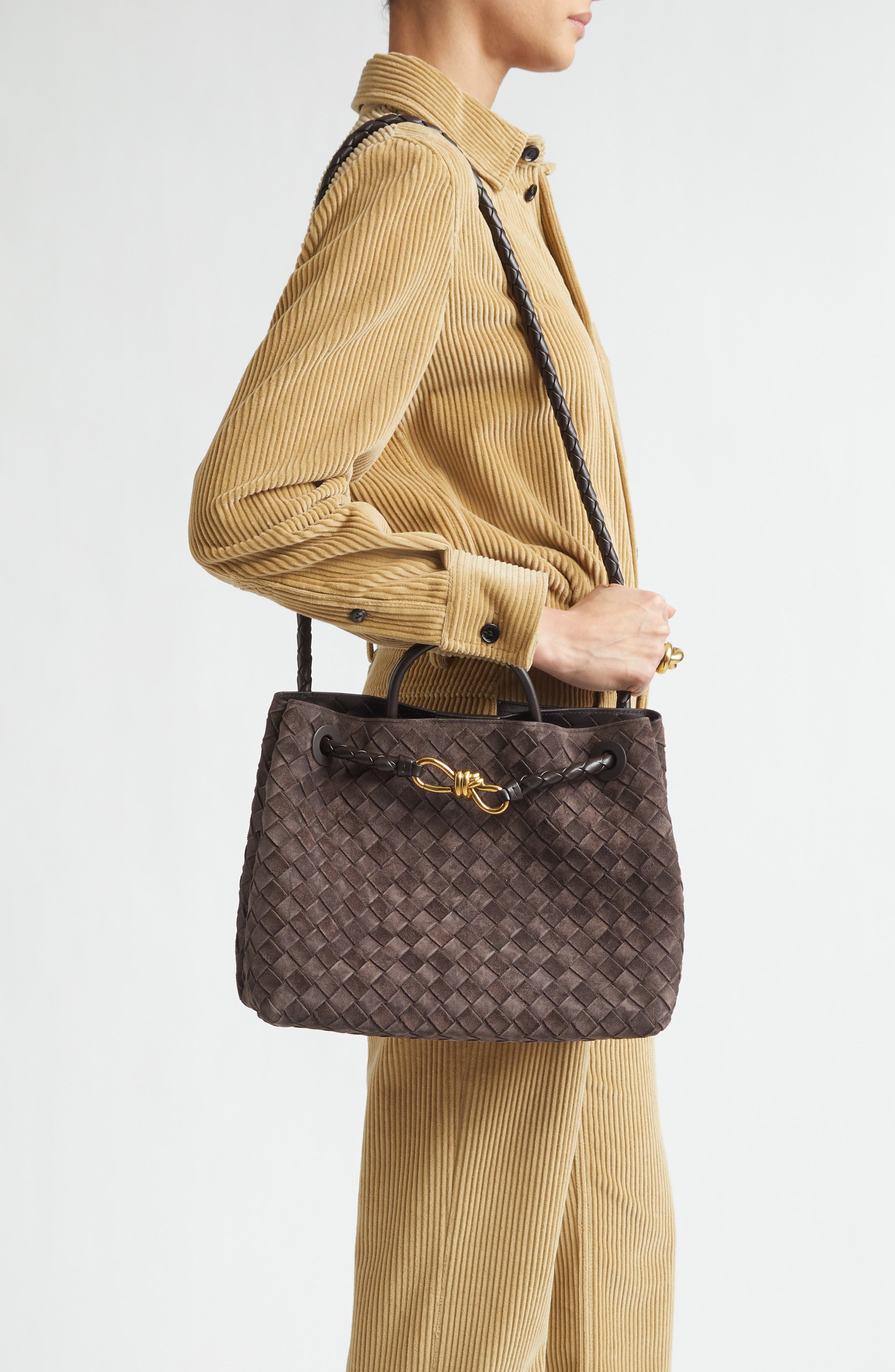 Bottega Veneta Medium Andiamo Intrecciato Suede Shoulder Bag, Alternate, color, 2272 Fondant-M Brass