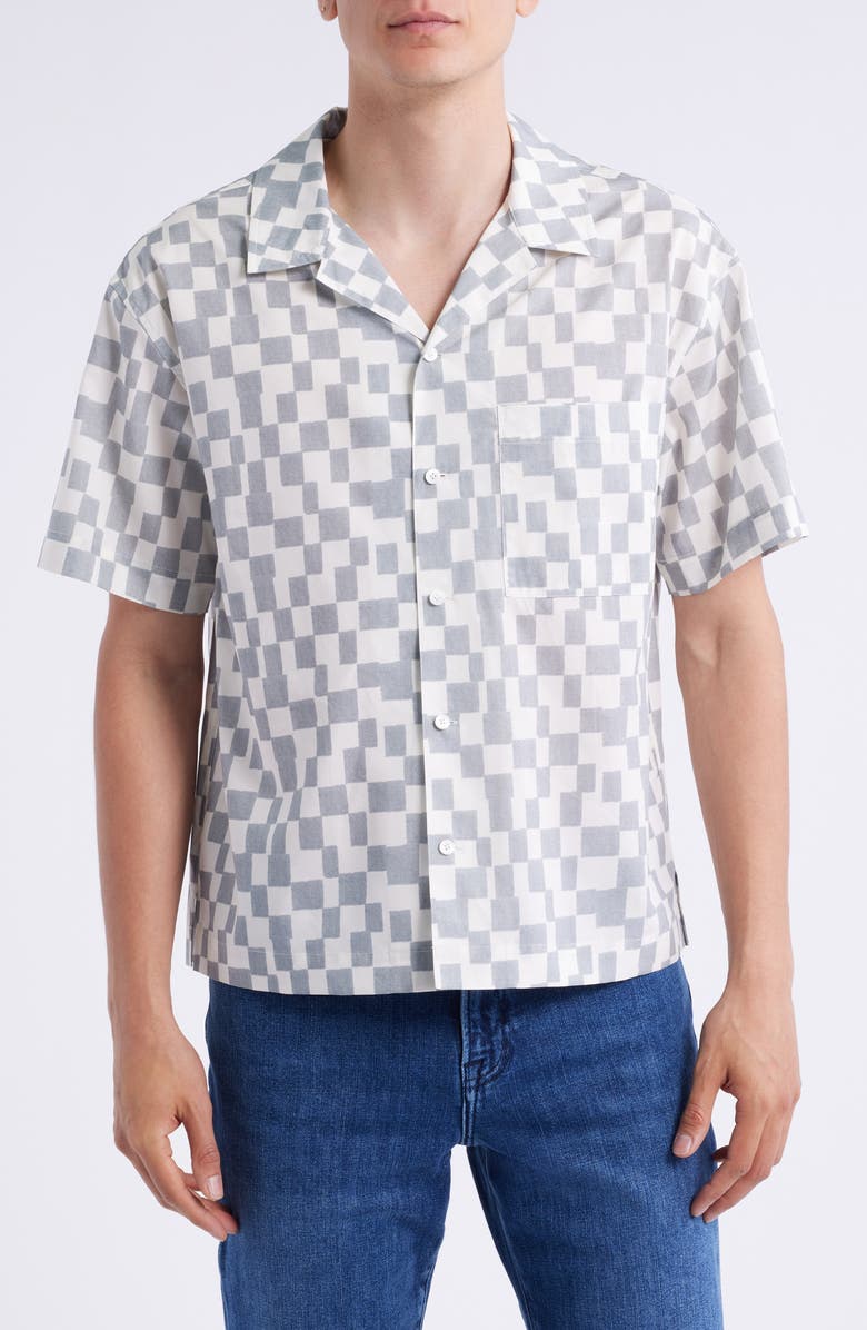 FRAME Geometric Print Lyocell & Cotton Camp Shirt, Main, color, Grey Blue Multi