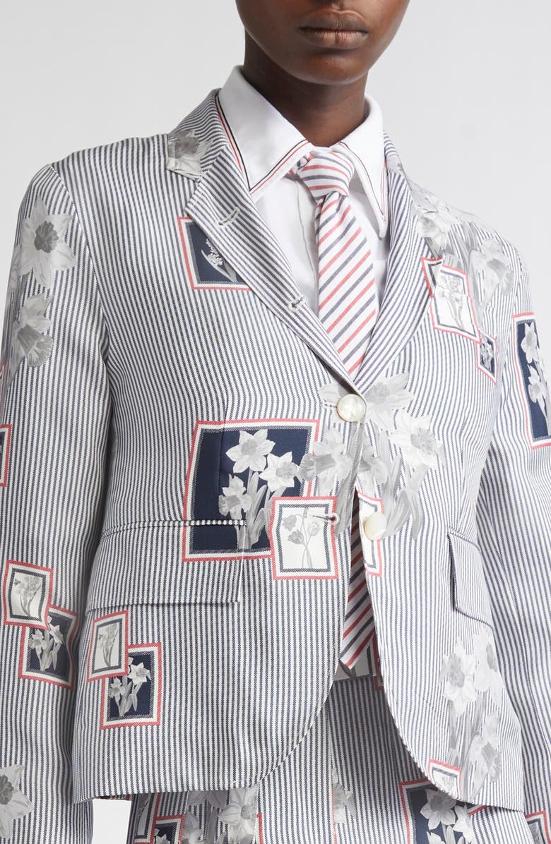 Thom Browne Framed Floral Print Fit 3 High Armhole Silk Twill Sport Coat, Alternate, color, Navy