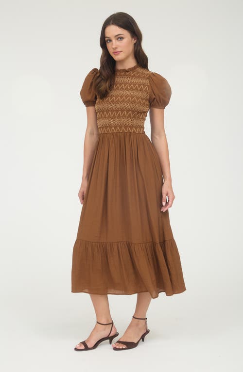 Blu Pepper Smocked Puffed Sleeve Midi Dress In Brown