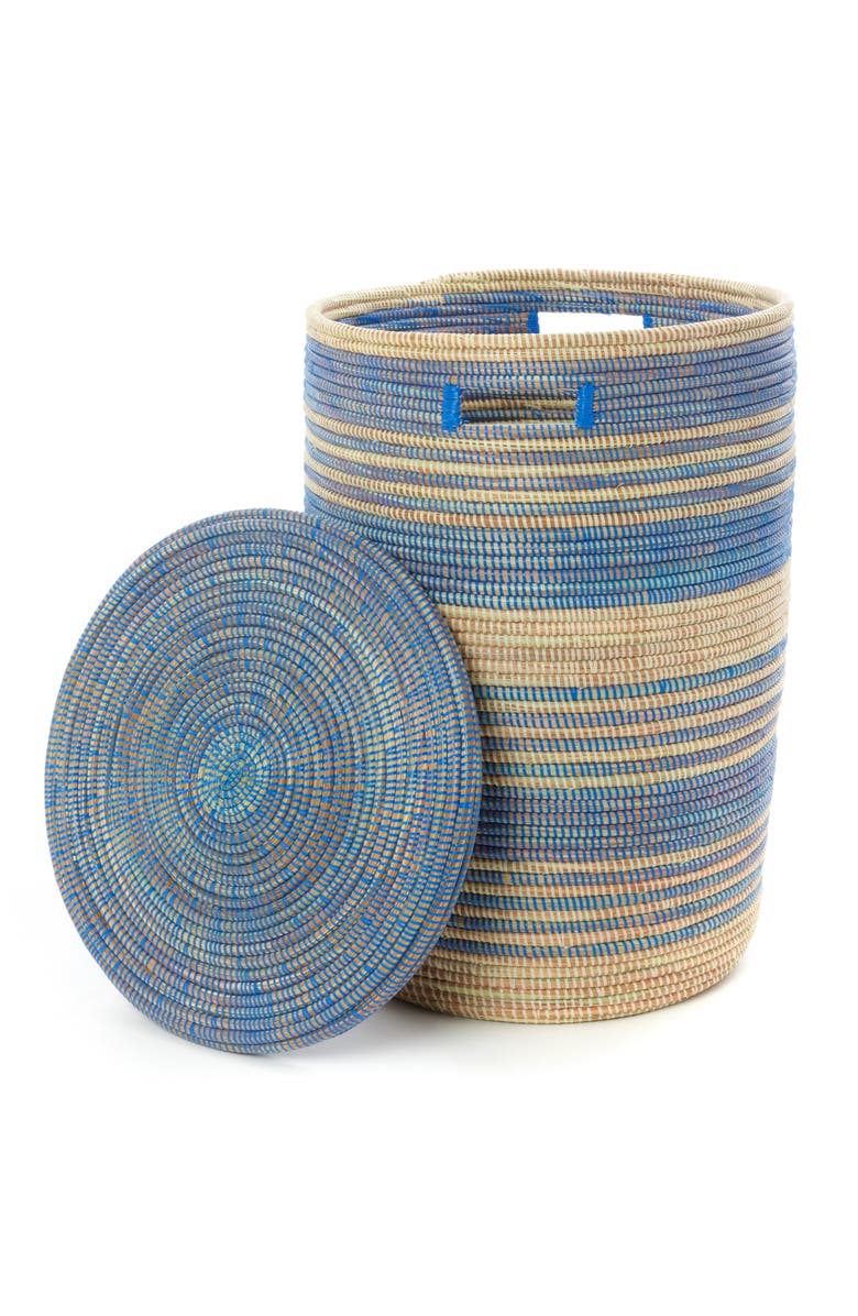 African Modern Set of Three Blue Ebb & Flow Striped Hampers, Alternate, color, Blue