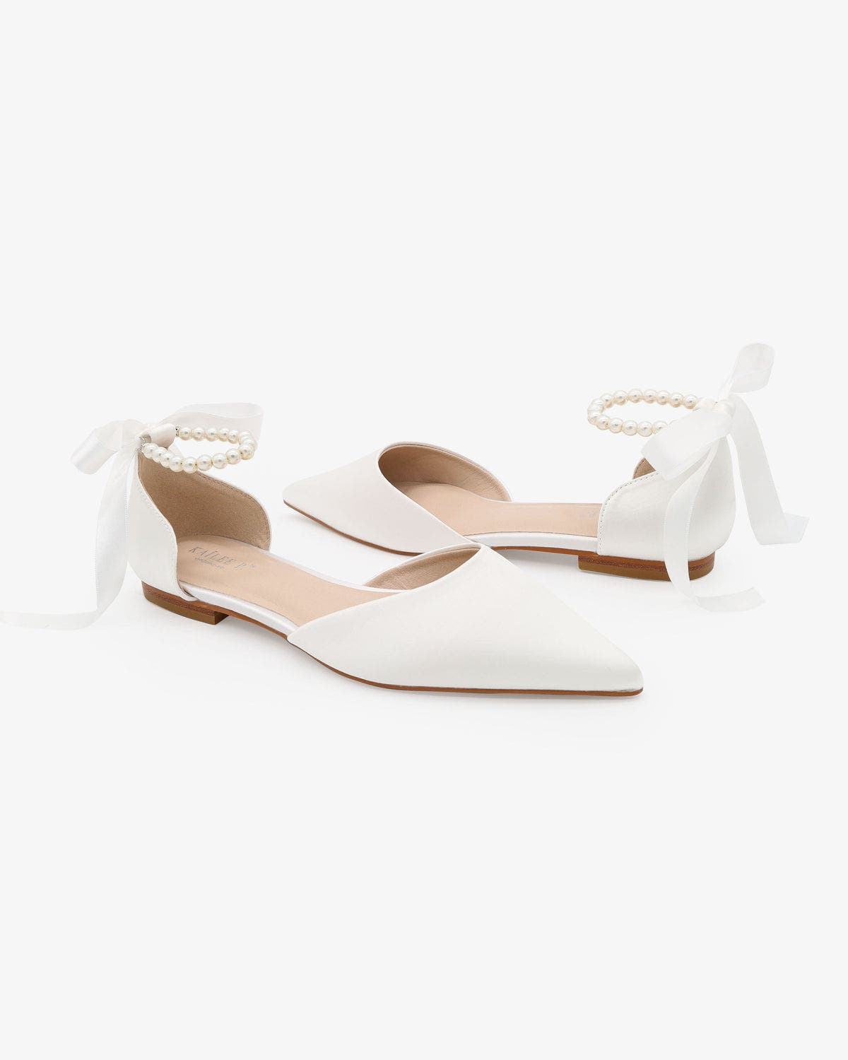 Kailee P Bella Satin Pointy Toe Flats with All Pearls Ankle Strap, Alternate, color, White