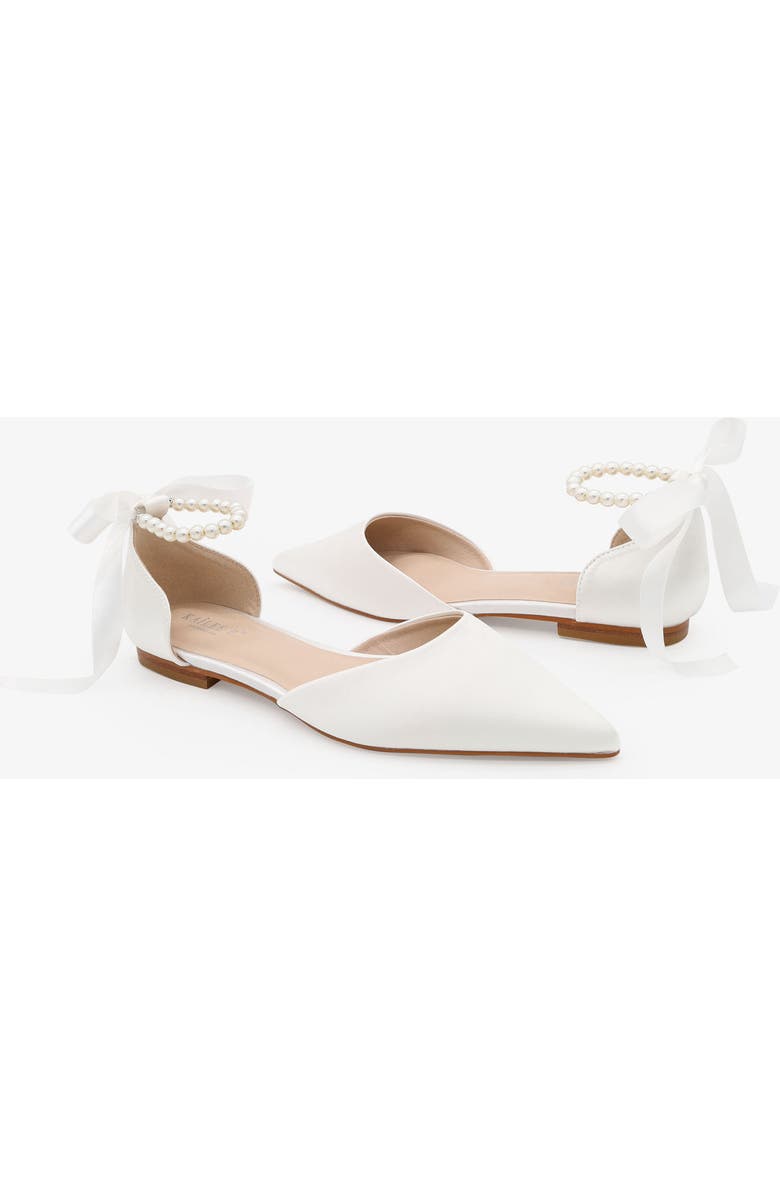 Kailee P Bella Satin Pointy Toe Flats with All Pearls Ankle Strap, Alternate, color, White