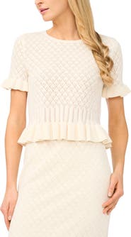 CeCe Pointelle Knit Ruffle Trim Peplum Sweater
