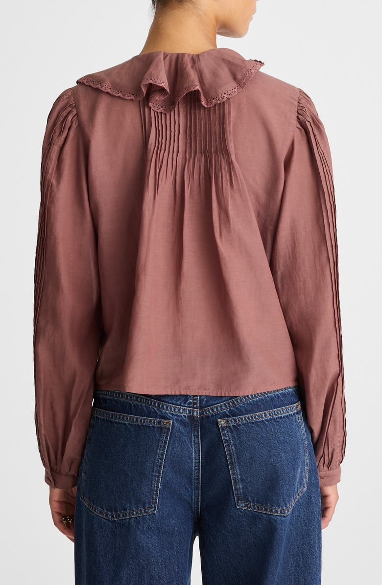 Madewell Lace Insert Ruffle Pintuck Long Sleeve Top, Alternate, color, Burnt Soil