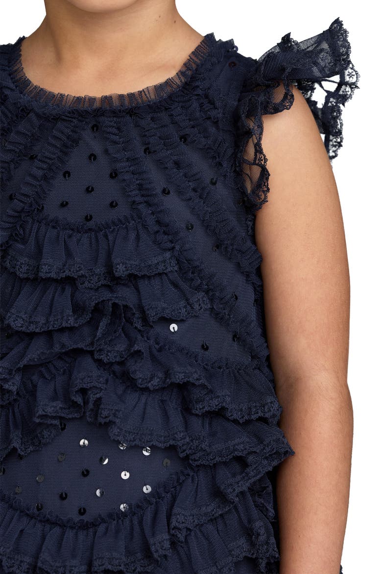 Girls High Neck Cap Sleeve Micro Ruffle Dress, Alternate, color, Indigo