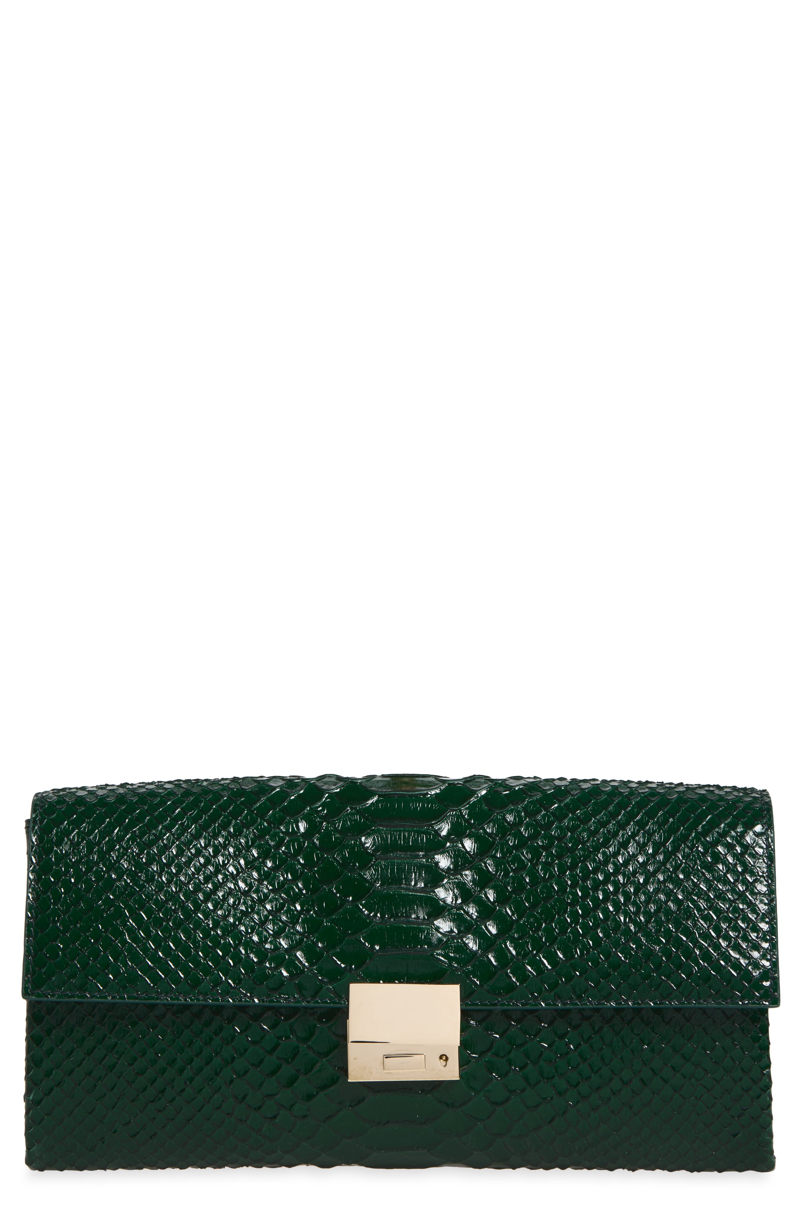 Jean Python Embossed Leather Clutch, Main, color, EMERALD GREEN