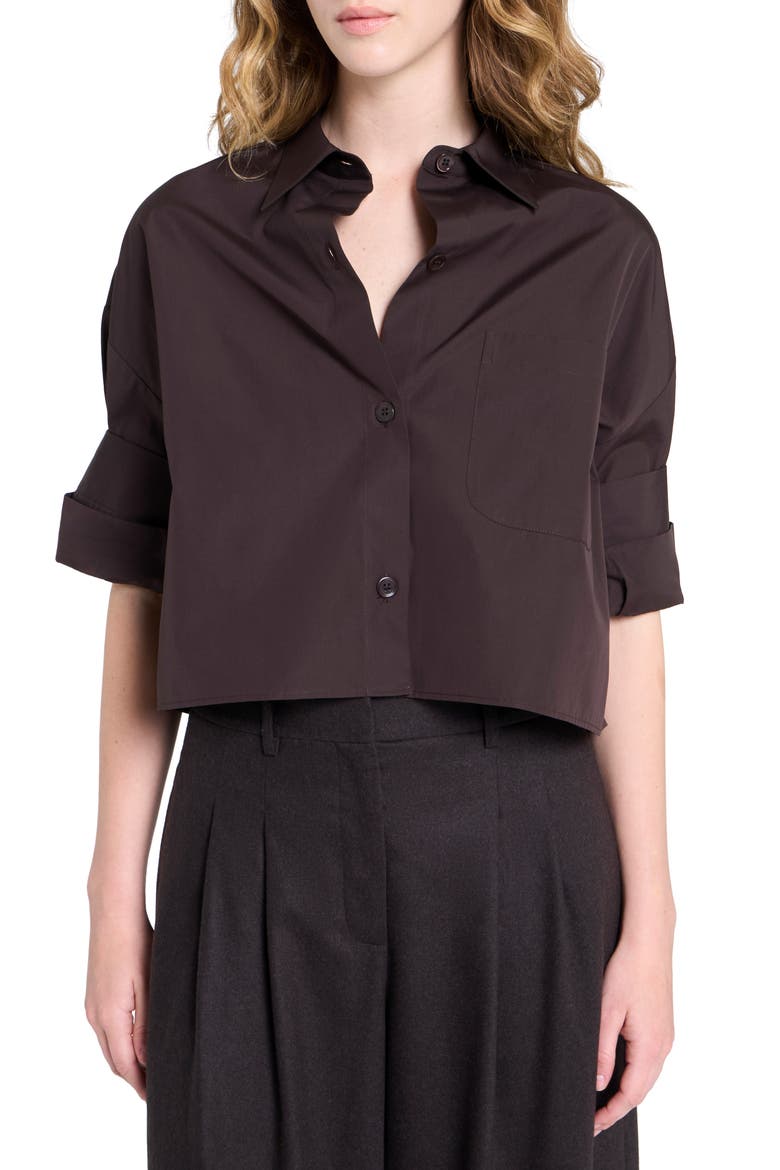 Next Ex Crop Cotton Button-Up Shirt, Main, color, CHOCOLATE