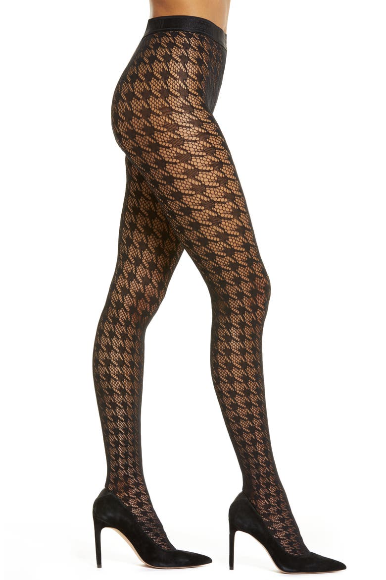 Dylan Houndstooth Fishnet Tights, Main, color, BLACK