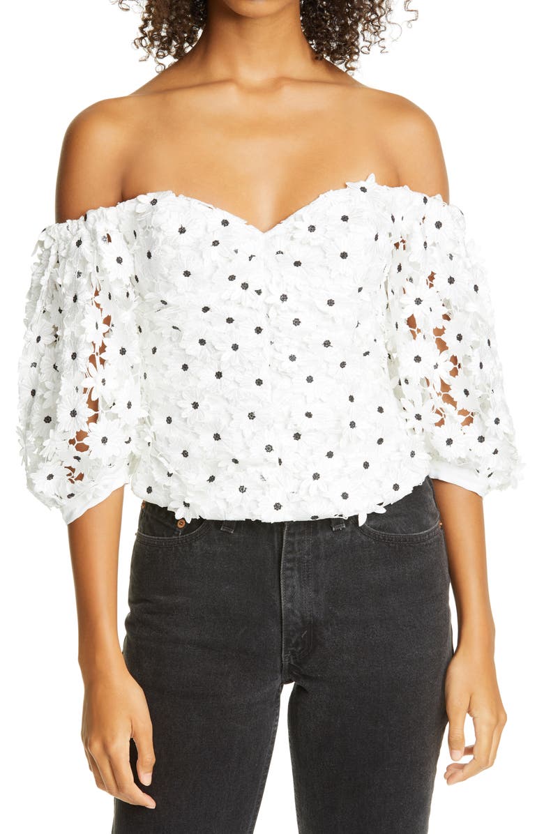 Self-Portrait Daisy Guipure Lace Puff Sleeve Off the Shoulder Top, Main, color, 