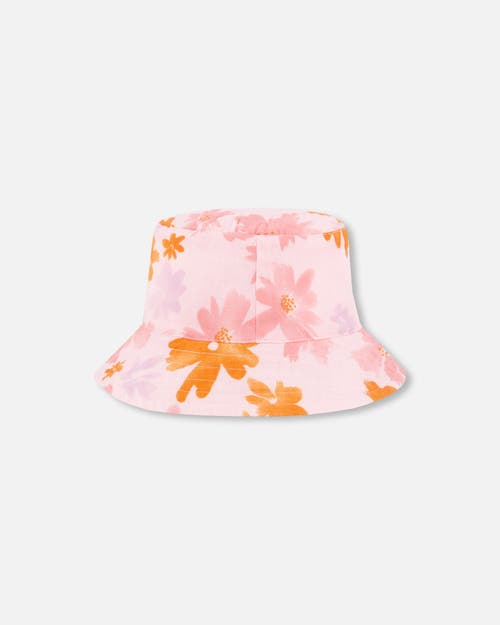 Deux Par Deux Little Girl's Printed Muslin Bucket Hat Pink And Coral Flowers In Pink And Coral Flowers