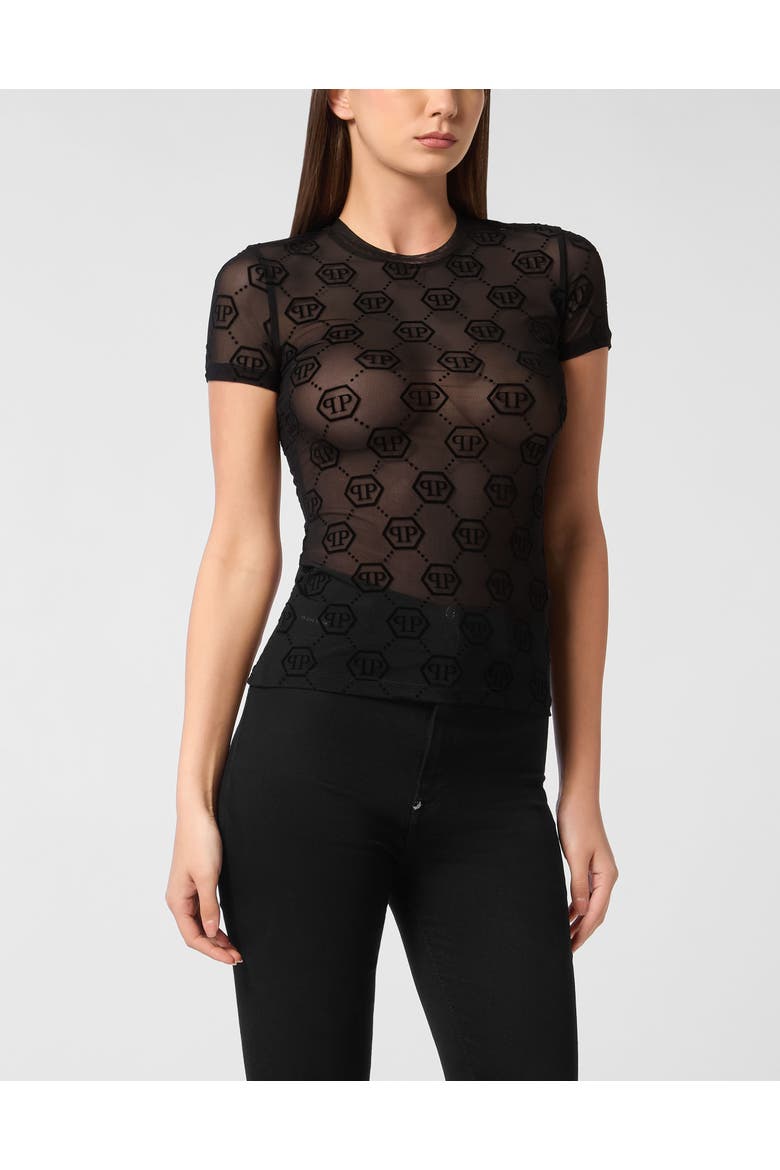 Tulle T-Shirt Sexy Pure Ss Monogram Women, Main, color, black