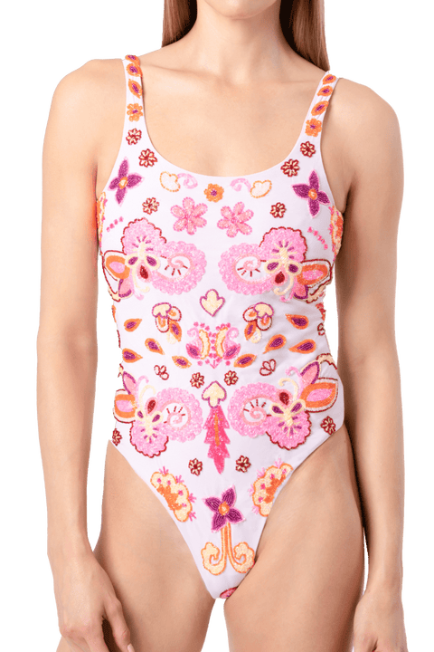 Floral Fiesta Hand Beaded Embellished One Piece Swimsuit
