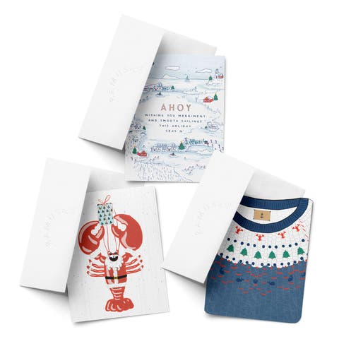 Ahoy Holiday, Lobstah Santa, Nautical Sweater Winter/Holiday/Christmas Greeting Card Pack Sets (3 ct, Assorted)