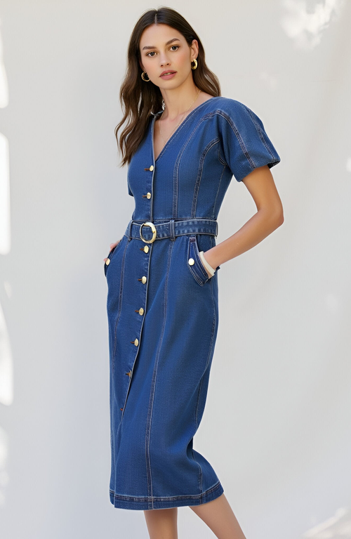 Modenaire Puff-sleeve Button-up Midi Dress In Blue
