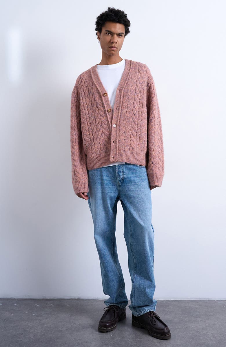 Topman Marled V-Neck Cable Cardigan, Alternate, color, Pink