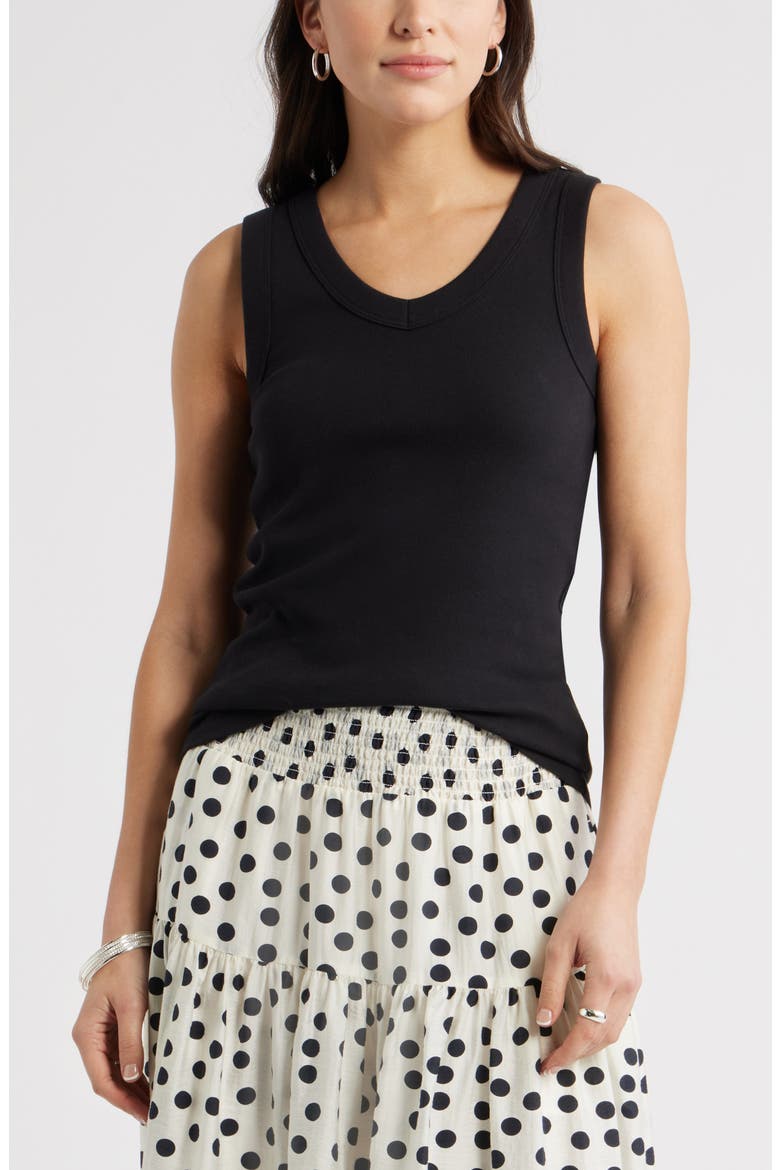 V-Neck Rib Cotton Tank, Main, color, BLACK