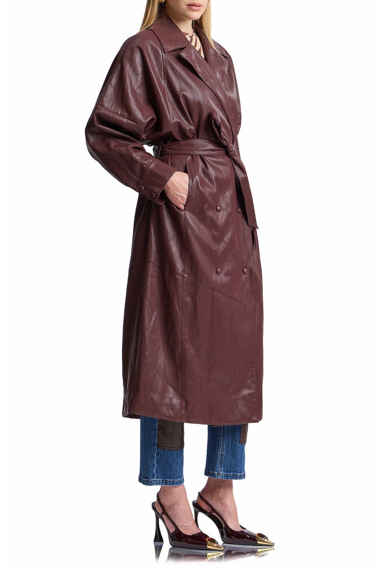 Shoulder Pad Faux Leather Long Coat, Alternate, color, BORDEAUX