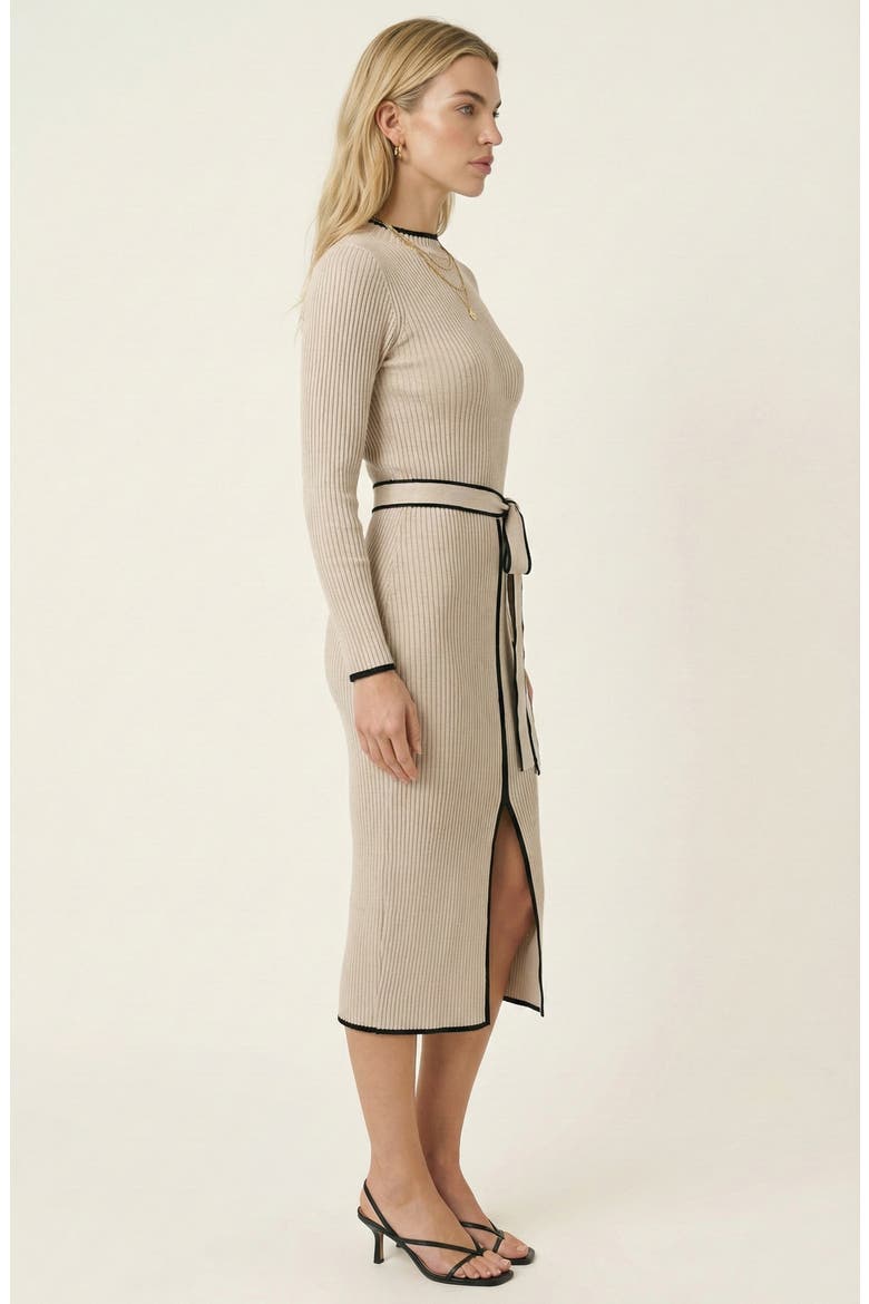 Ribbed Knit Contrast Trim Tie Waist Midi Dress, Alternate, color, Beige