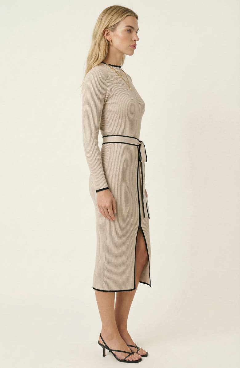 Modenaire Ribbed Knit Contrast Trim Tie Waist Midi Dress, Alternate, color, Beige
