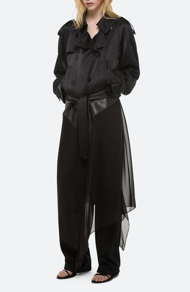 Helmut Lang Mixed Media Scarf Detail Silk Trench Coat, Alternate, color, Black