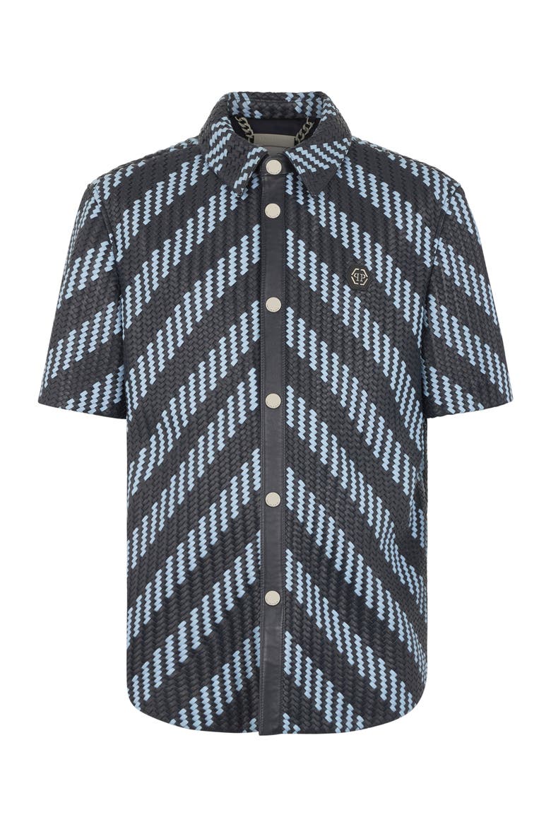 Weaved Leather Shortsleeve Shirt Stripes Men, Main, color, navy