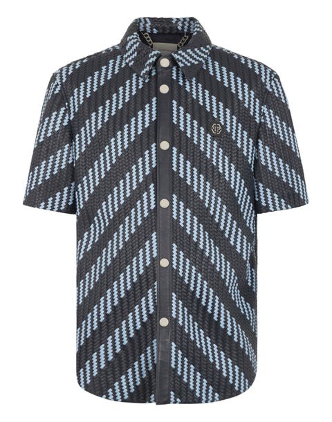 Weaved Leather Shortsleeve Shirt Stripes Men